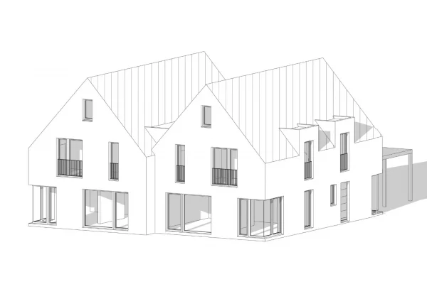 3D-Modell eines modernen Neubaus mit zwei verbundenen Giebeldächern, großen Fensterflächen und klarer, zeitgemäßer Architektur.