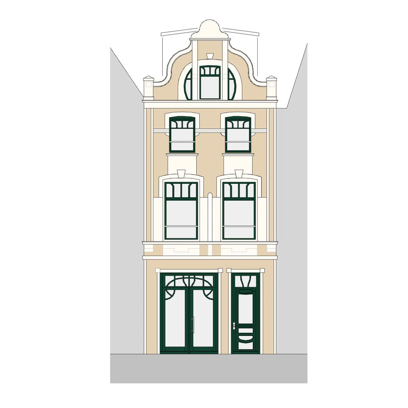 Architekturzeichnung einer historischen Stadtfassade mit Stuckelementen, großen Fenstern und detaillierter Eingangsgestaltung für Altbausanierung.