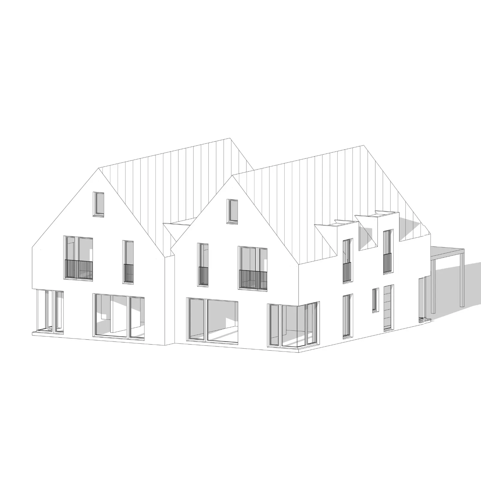 3D-Modell eines modernen Neubaus mit zwei verbundenen Giebeldächern, großen Fensterflächen und klarer, zeitgemäßer Architektur.