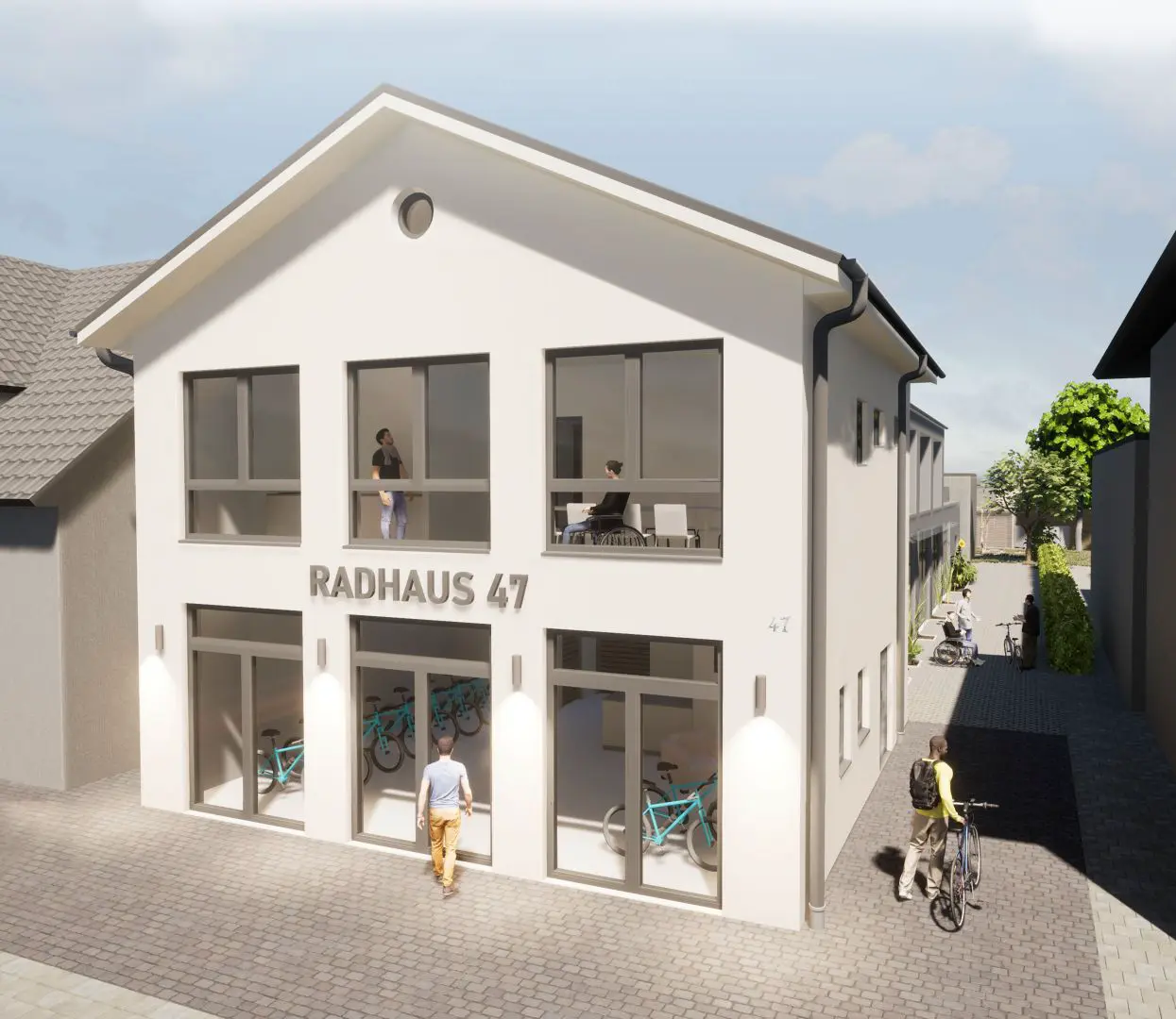 Modernes zweistöckiges weißes Gebäude mit der Aufschrift RADHAUS 47 und großen Fenstern, entworfen von einem Architekten für Neubau, mit Fahrrädern drinnen und draußen und Menschen, die in der Nähe auf einem Kopfsteinpflasterweg gehen oder stehen.