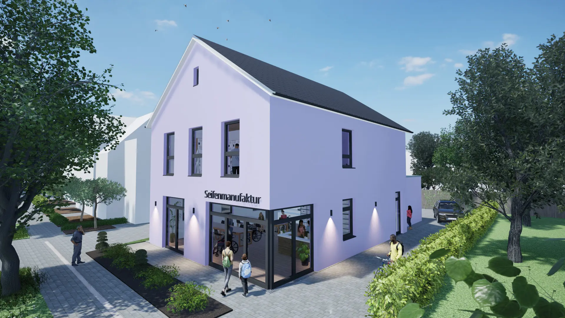 Ein modernes, zweistöckiges, hellviolettes Gebäude, entworfen von einem Architekten für Neubau, hat große Fenster und ein Schild mit der Aufschrift "Seifenmanufaktur". Menschen gehen und stehen draußen, umgeben von Grün unter einem strahlend blauen Himmel.