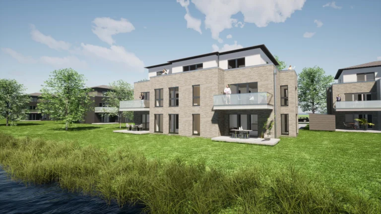 Ein modernes zweistöckiges Wohnhaus, entworfen von einem Architekten für Neubau, mit großen Fenstern und Balkonen. Es ist von grünem Gras und Bäumen umgeben und liegt in der Nähe eines kleinen Gewässers unter einem blauen Himmel mit Wolken.