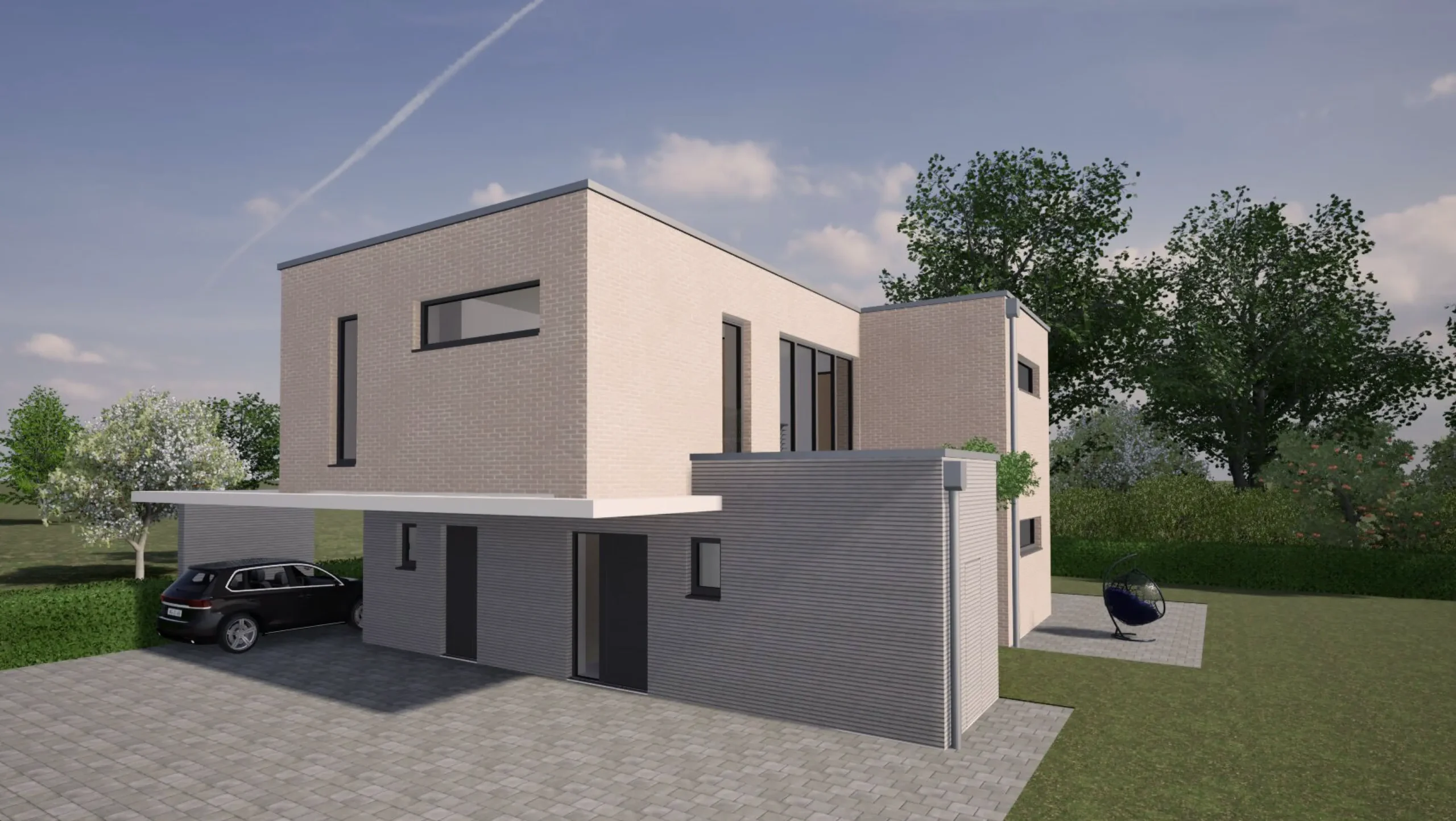 Ein modernes, zweistöckiges Haus mit Flachdächern und großen Fenstern, entworfen von einem Architekten für Neubau. Helle Ziegelwände heben sich ab, zwei Autos stehen auf einer gepflasterten Auffahrt und grüne Bäume unter einem teilweise bewölkten Himmel im Hintergrund.