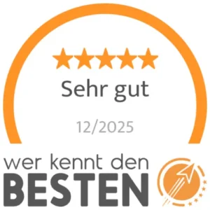 Auszeichnung "sehr gut" der Plattform "wer kennt den Besten" aus dem Jahr 2025